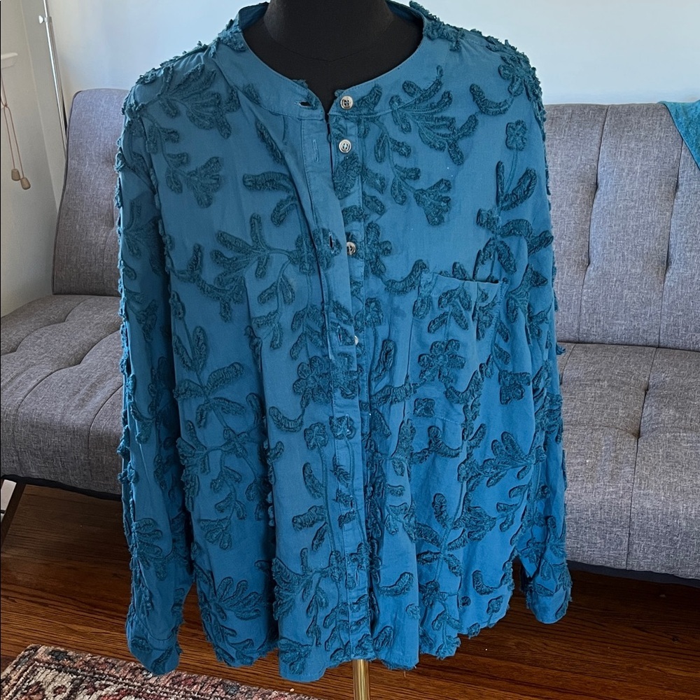 Anthropologie Pilcro Teal Button-Up with Embroidery size XL - Picture 1 of 7